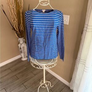 J. Crew Blue and White Striped Long-Sleeve Crewneck Top